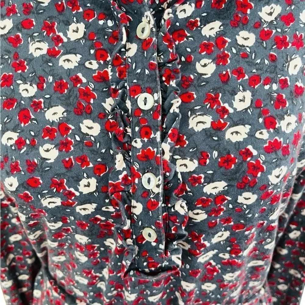 BODEN gray floral shirt style jersey knit belted dress with button front sz 10L.